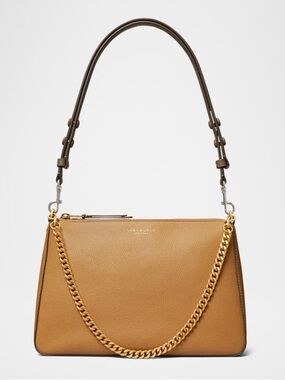 $400 NWT Tory Burch Perry Brown Tan Pebble Leather Gold Chain Strap Shoulder Bag